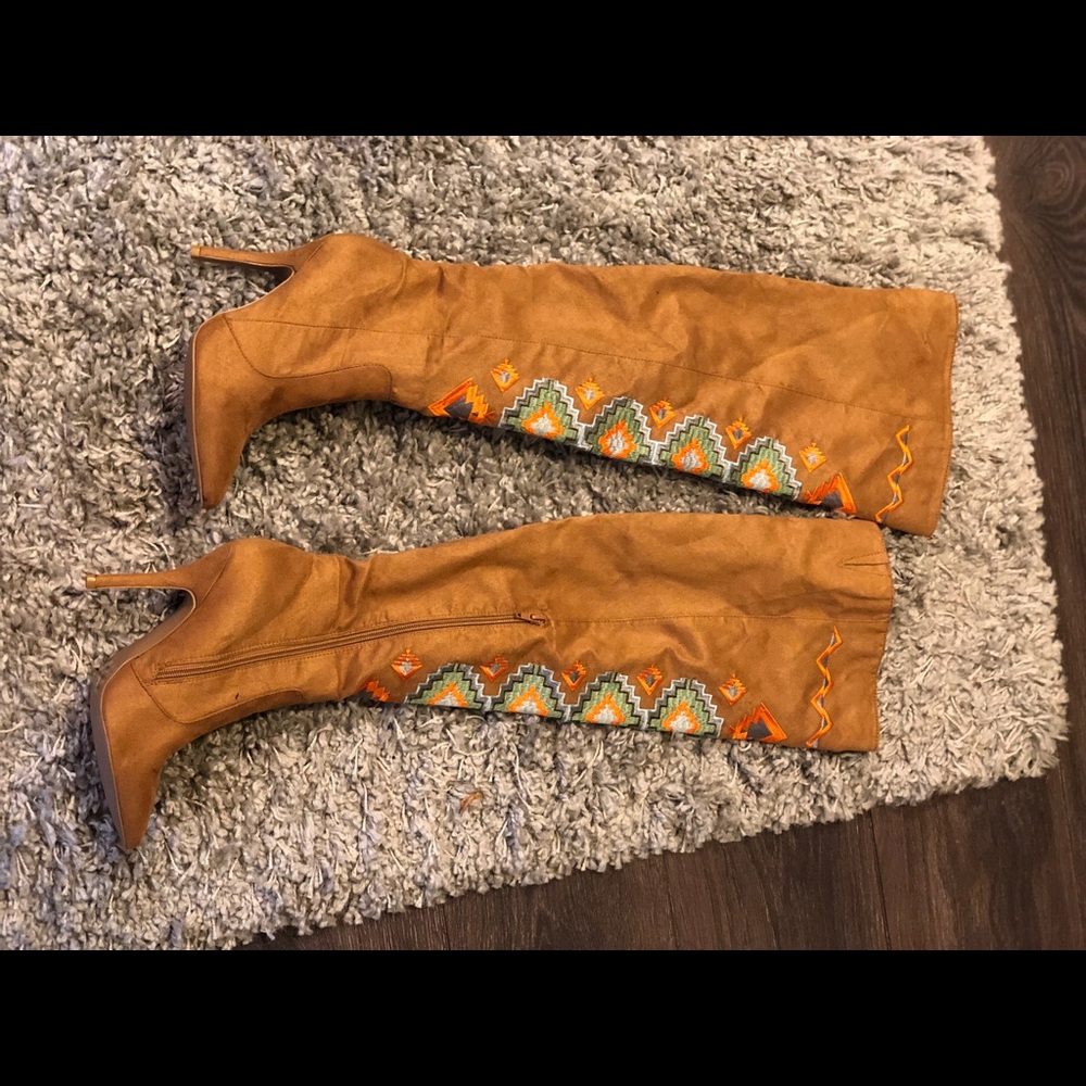 Over Knee Tan Suede Boots with Aztec stitching